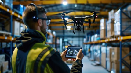 High-Tech Warehouse Management: Technician Operating Drones with Handheld Device in Automated Environment