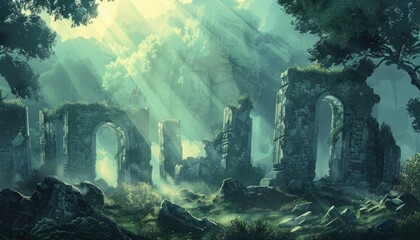 Sunbeams illuminate overgrown stone ruins in a misty forest.