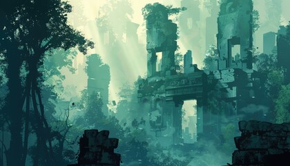 Sunbeams Through Ruins and Trees in a Lush Green Jungle