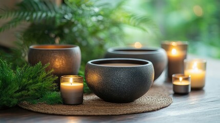 Tranquil setting with candles and decorative bowls.