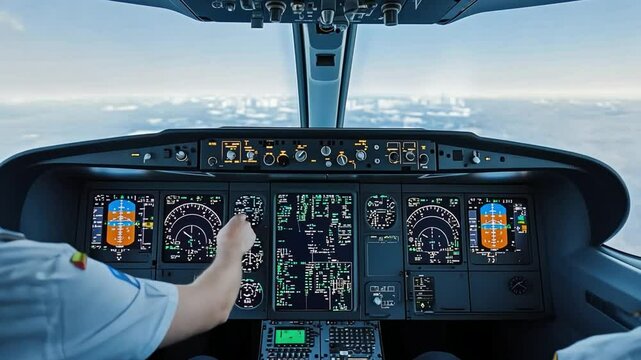 Two pilots are in the cockpit of an airplane, looking out the window