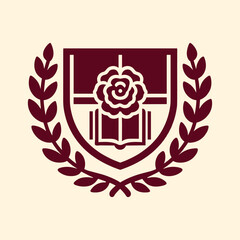 shield with a book and a rose, coat of arms style, academy emblem logo design