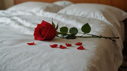 Rose on the bed in the hotel rooms. Rose and her petals on the bed for a romantic evening