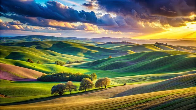 A scenic panorama of rolling hills bathed in the golden glow of a setting sun, with fluffy clouds casting long shadows across the vibrant green landscape.