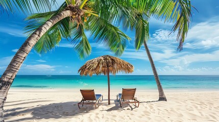 A serene beach scene with palm trees, lounge chairs, and a thatched umbrella by the ocean.