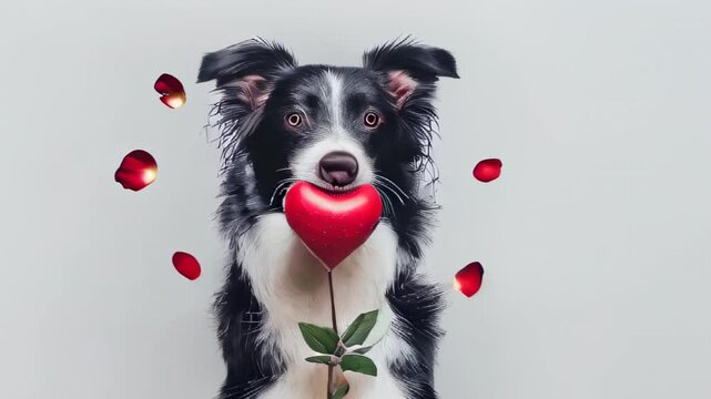 A black and white border collie holding a red heart in its mouth surrounded by rose petals on a gray background on Valentine's day
