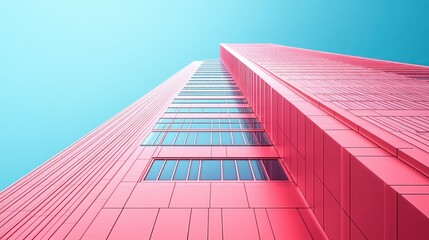 A tall, modern building with a striking red facade against a blue sky.
