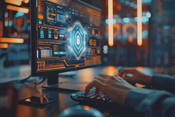 Cyber ​​security on the computer screen shows a secure digital interface with various symbols.