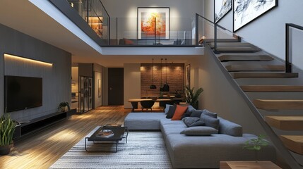 Modern loft with large frame mockup on a statement wall