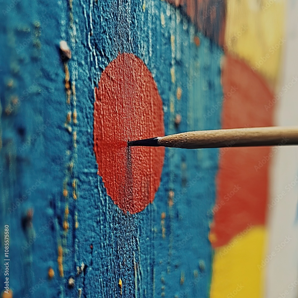 Fototapete the slow movement of an arrow hitting a target. close-up of an arrow hitting a target on a colorful 