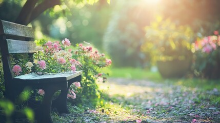 Obraz premium Serene Wooden Bench in a Blooming Garden