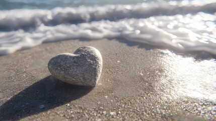 Obraz premium Serene Love: Heart-Shaped Rock on Sandy Beach with Gentle Waves in Background Symbolizing Eternal Love and Natural Beauty