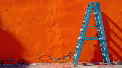 blue ladder in front of orange wall