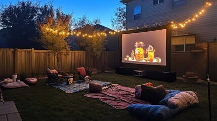 Outdoor movie night with a projector screen, blankets, and string lights