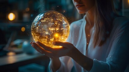 Naklejka premium Successful Businesswoman Holds Glowing Crystal Ball Seeing Bright Financial Future and Milestones of Achievement