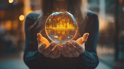 Successful Businesswoman Holding Glowing Crystal Ball Seeing Bright Financial Future