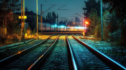 Fototapeta premium Night Scene with Illuminated Railway Tracks
