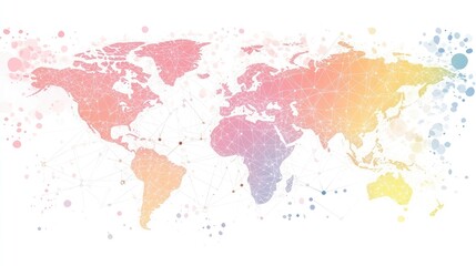 A pastel-colored world map with connecting lines, symbolizing global interconnectedness and communication.  Perfect for illustrating global networks or communication.