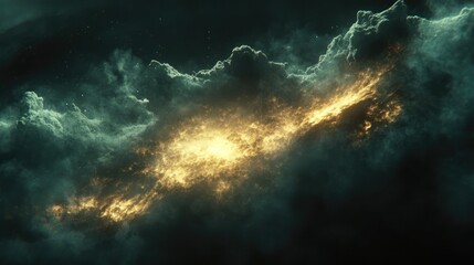 Majestic Cosmic Explosion Amidst Dark Clouds with Shimmering Gold and Bright Light in Deep Space, Capturing the Beauty of the Universe and Stellar Phenomena