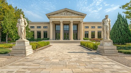 Obraz premium Symmetrical Neoclassical Museum Entrance with Statues