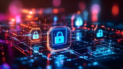 A vibrant digital network featuring glowing padlocks, symbolizing cybersecurity and data protection in a futuristic environment.