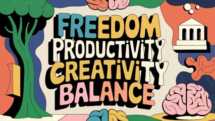 Vibrant abstract art emphasizing freedom, productivity, and creativity through balanced geometric shapes. Contemporary artwork concept