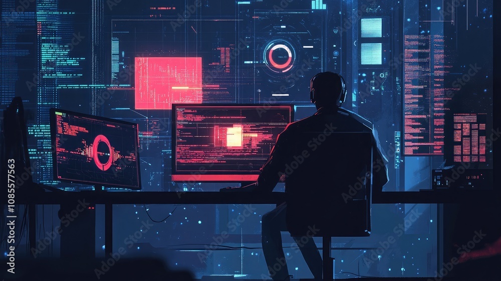Poster A male programmer sits before multiple screens displaying lines of code in shades of red and blue, immersed in a late-night coding session.