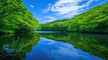 Fototapeta premium Serene Reflection of Lush Green Trees on Calm Water Under a Bright Blue Sky with Fluffy White Clouds in a Tranquil Natural Landscape Setting