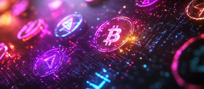 Digital representation of cryptocurrency symbols.