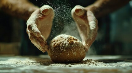 Raw wheat dough in a rough ball shape on a floured table, hands sprinkling more flour onto it.