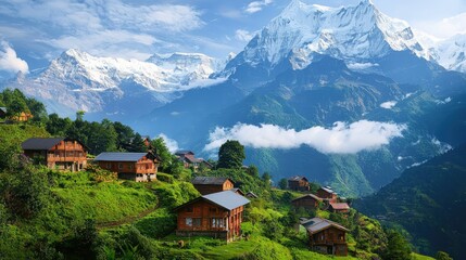 Obraz premium Serene Village Nestled in Majestic Mountain Peaks