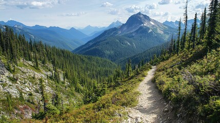 Obraz premium Winding Trail Through Dense Forests Near Majestic Mountain
