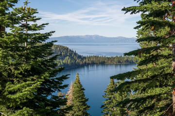 Emerald Bay, Lake Tahoe, in the Summer, glimpsed through pine trees