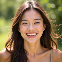 Fototapeta premium Smiling young woman enjoying sunny day outdoors with natural background