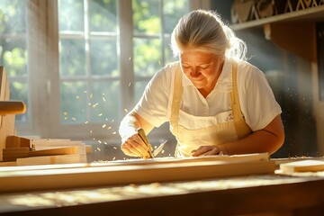 Senior woman engaged in woodworking craftsmanship in sunlit workshop
