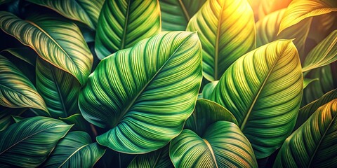 A vibrant and lush display of large, tropical leaves illuminated by the sun's warm glow