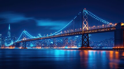 Illuminated Modern Suspension Bridge at Night