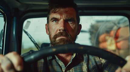 A focused man driving in a vehicle, showcasing determination and intensity.