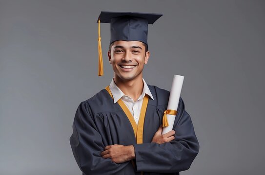 Studio portrait of satisfied student with his graduation certificate. Happy academy, college or university graduate standing against gray background, holding his diploma scroll and smiling at camera