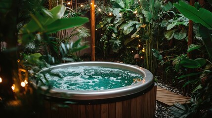 Modern Outdoor Hot Tub Surrounded by Lush Greenery