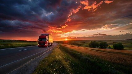 Fototapeta premium A truck driving along a road at sunset, surrounded by fields and dramatic clouds.