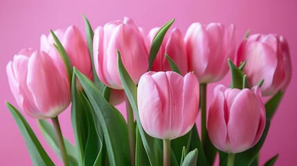 Naklejka premium A bouquet of pink tulips against a soft pink background, symbolizing beauty and freshness.