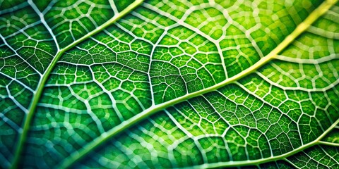 Obraz premium Close-up of a green leaf's intricate network of veins and cells, showcasing nature's delicate beauty and complex structure.