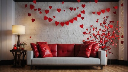 Valentine interior room have red sofa and home decor for valentine's day