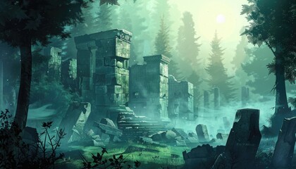 Ancient Stone Ruins in a Foggy Forest