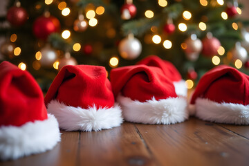 Cozy red santa hats on wooden surface with glowing christmas tree in background