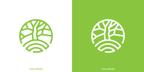 Simple Oak Tree Line Logo. Modern Natural Tree Branch Logo Design Template.