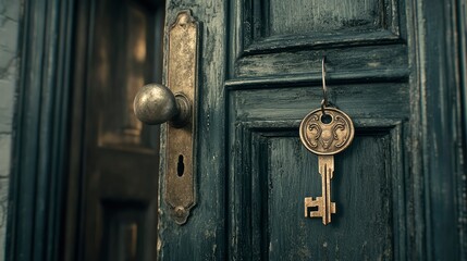 Fototapeta premium Antique Key Hanging on a Dark Wooden Door