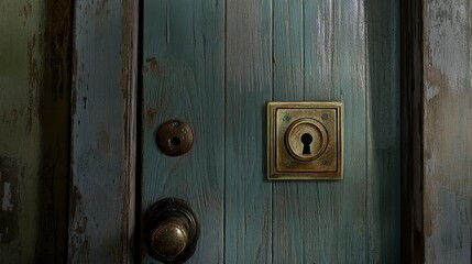 Obraz premium Weathered Wooden Door with Antique Brass Keyhole and Door Knobs