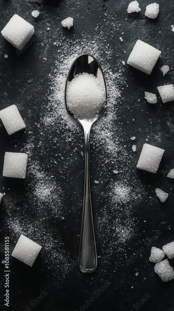 Aufkleber granulated and cube sugar creating a sweet composition with an elegant metal spoon on a dark backgro